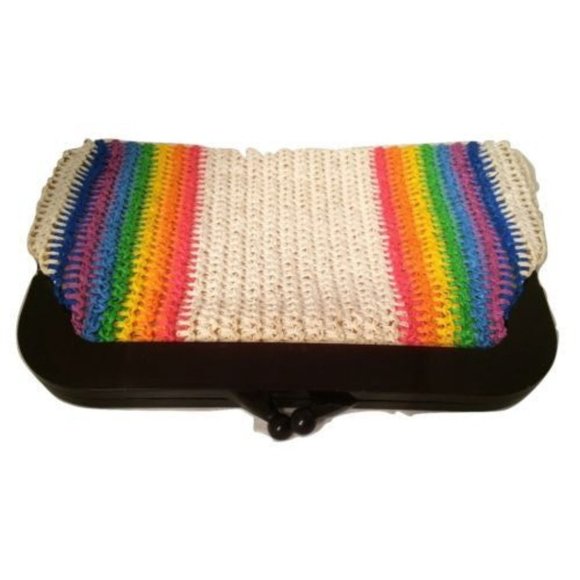 MCI Rainbow Clutch Vintage Bag white raffia Plastic Frame Handle Retro Original - Picture 3 of 5